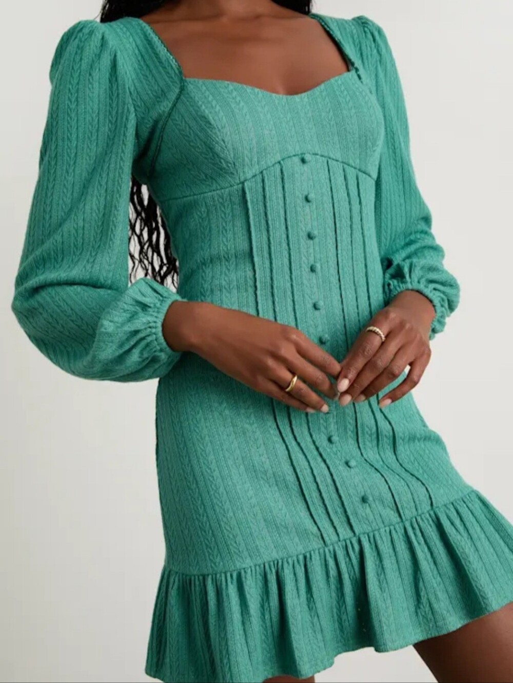 Lulu's Teal Green Long-Sleeve Mini Dress with Ruffle Hem NEW